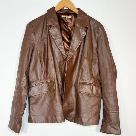 Vintage 80s Brown Leather Blazer Jacket Coat - Picture 1 of 14